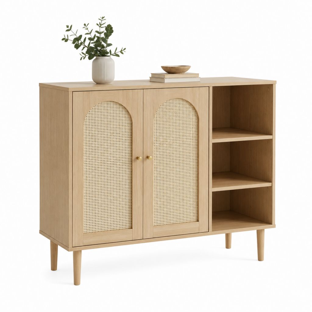 Sideboard Eiche Natur mit Rattantüren und offenen Fächern 120 x 40 x 90 cm