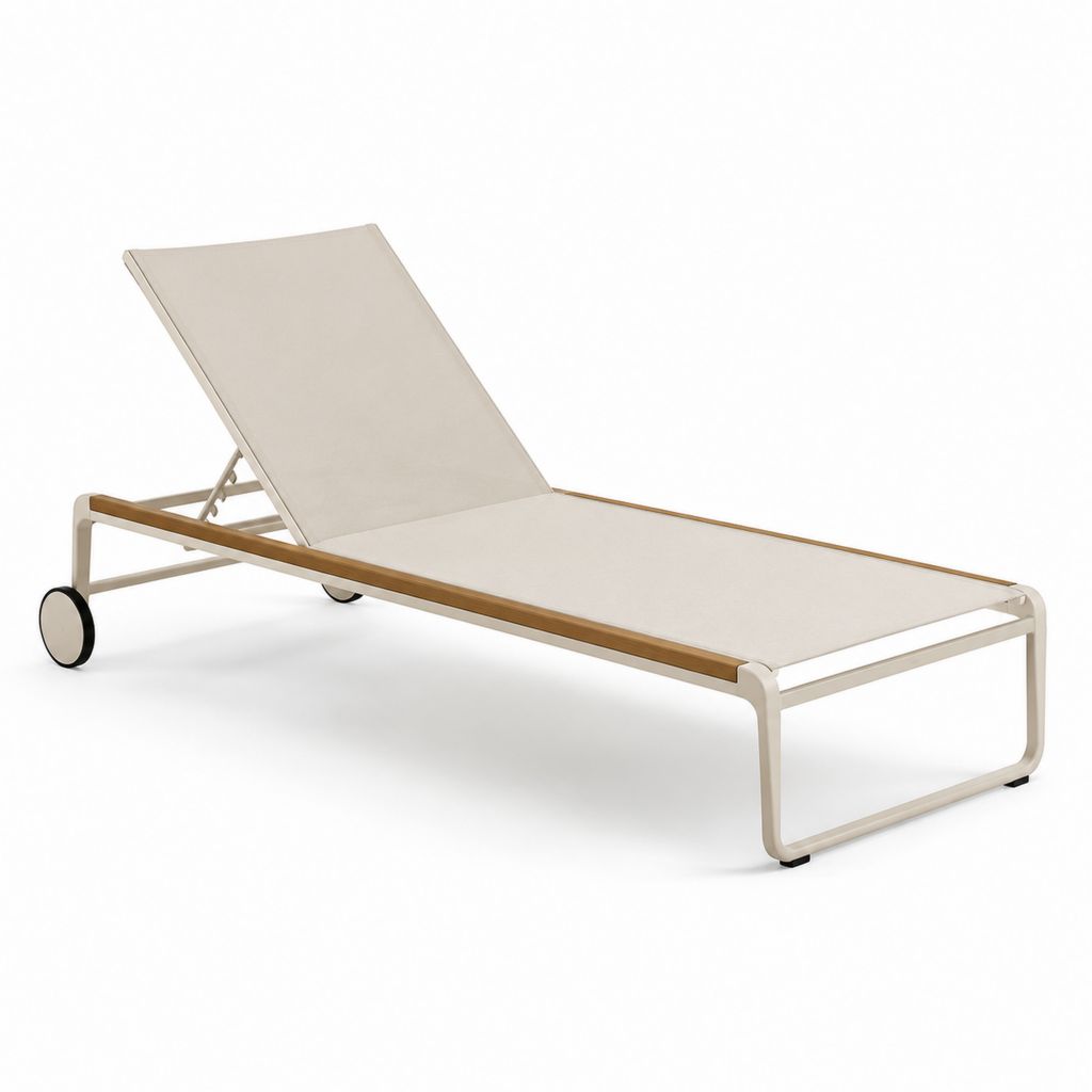 Gartenliege mit Rollen Creme Aluminium Teakholz Textilene 200 x 70 x 35 cm