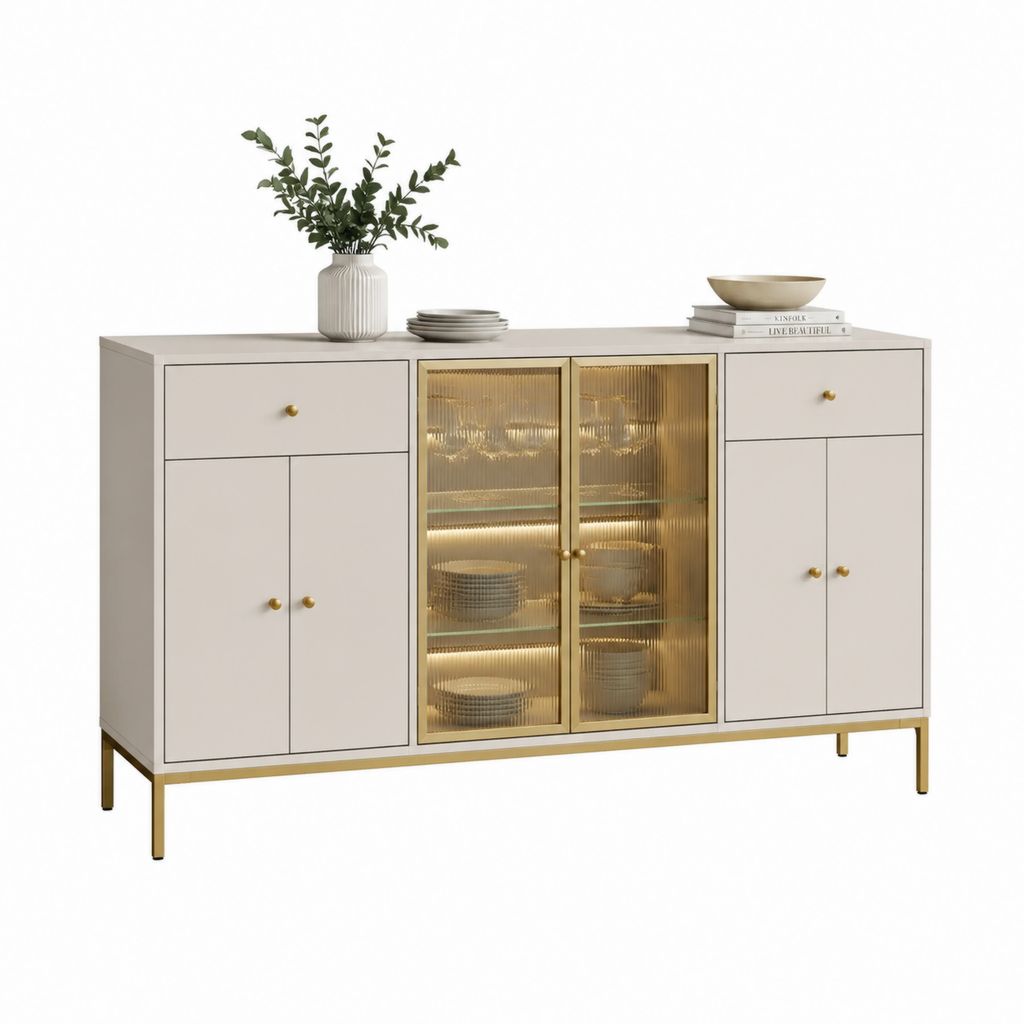 Sideboard Weiß MDF mit geriffeltem Glas und goldfarbenem Stahlgestell 160 x 40 x 90 cm