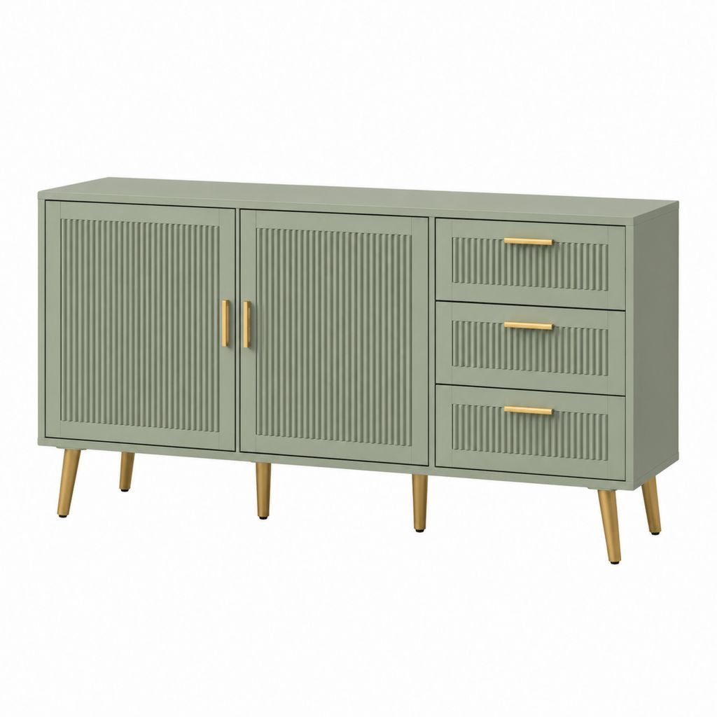 Sideboard Grün aus MDF mit 3 Schubladen 2 Türen und Metallfüßen 160 x 40 x 85 cm