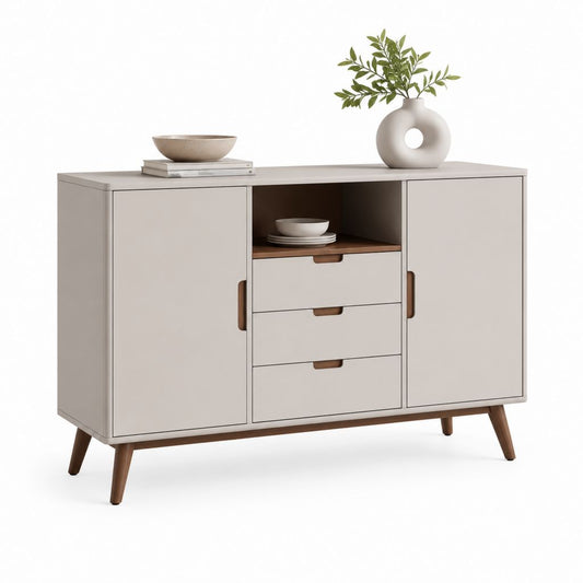 Sideboard mit 2 Türen 3 Schubladen und offenem Fach Greige MDF Gummibaum-Massivholz rechteckig 140 x 40 x 85 cm