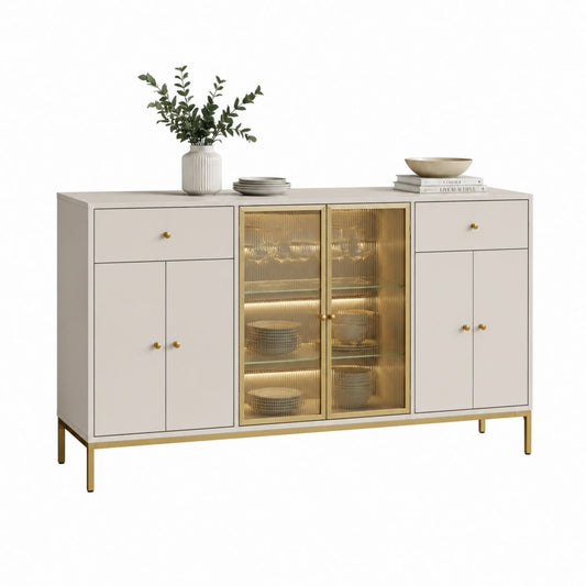 Sideboard Weiß MDF mit geriffeltem Glas und goldfarbenem Stahlgestell 160 x 40 x 90 cm
